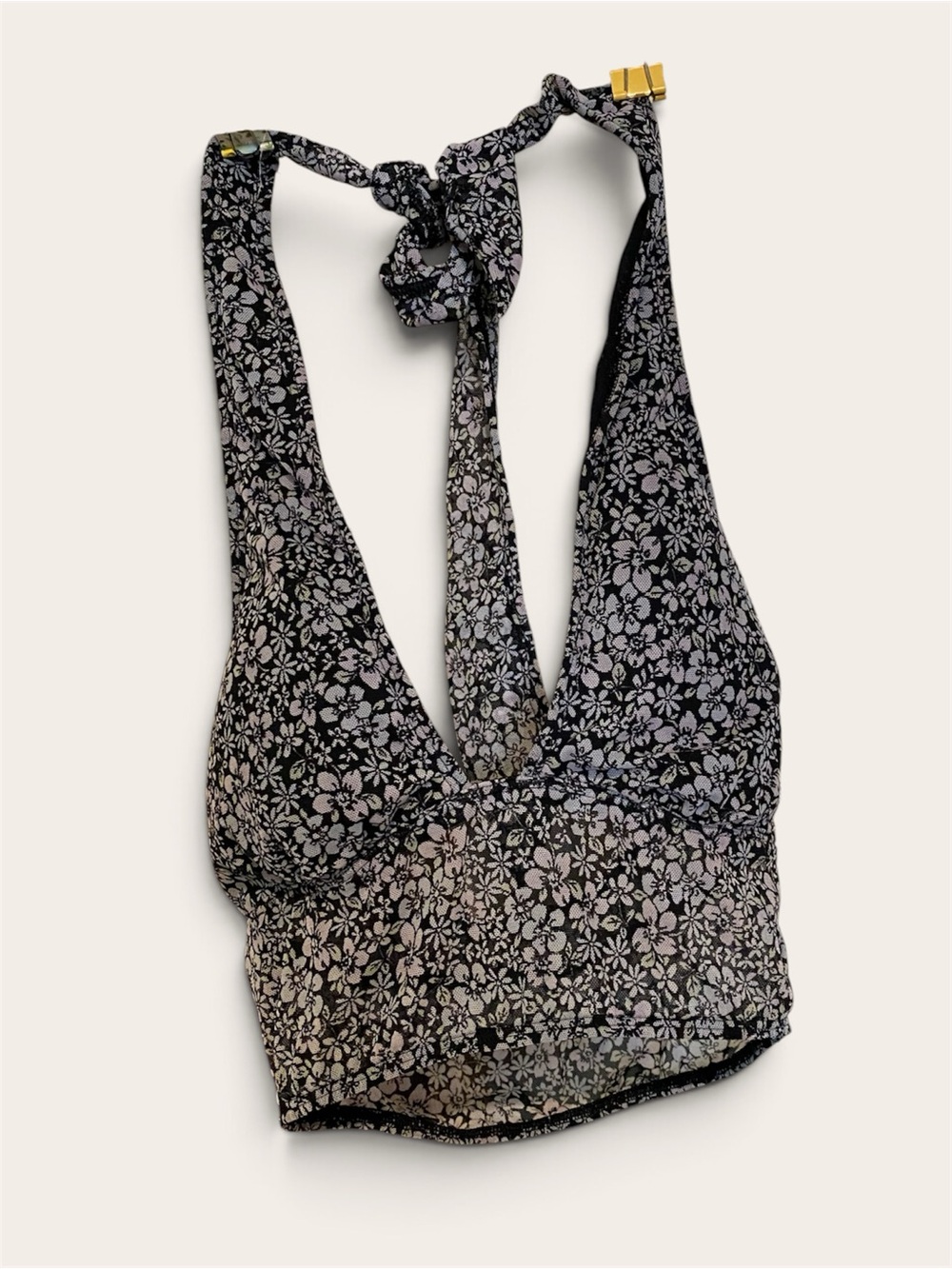 Black and Pale Lavender Floral Halter Crop Top